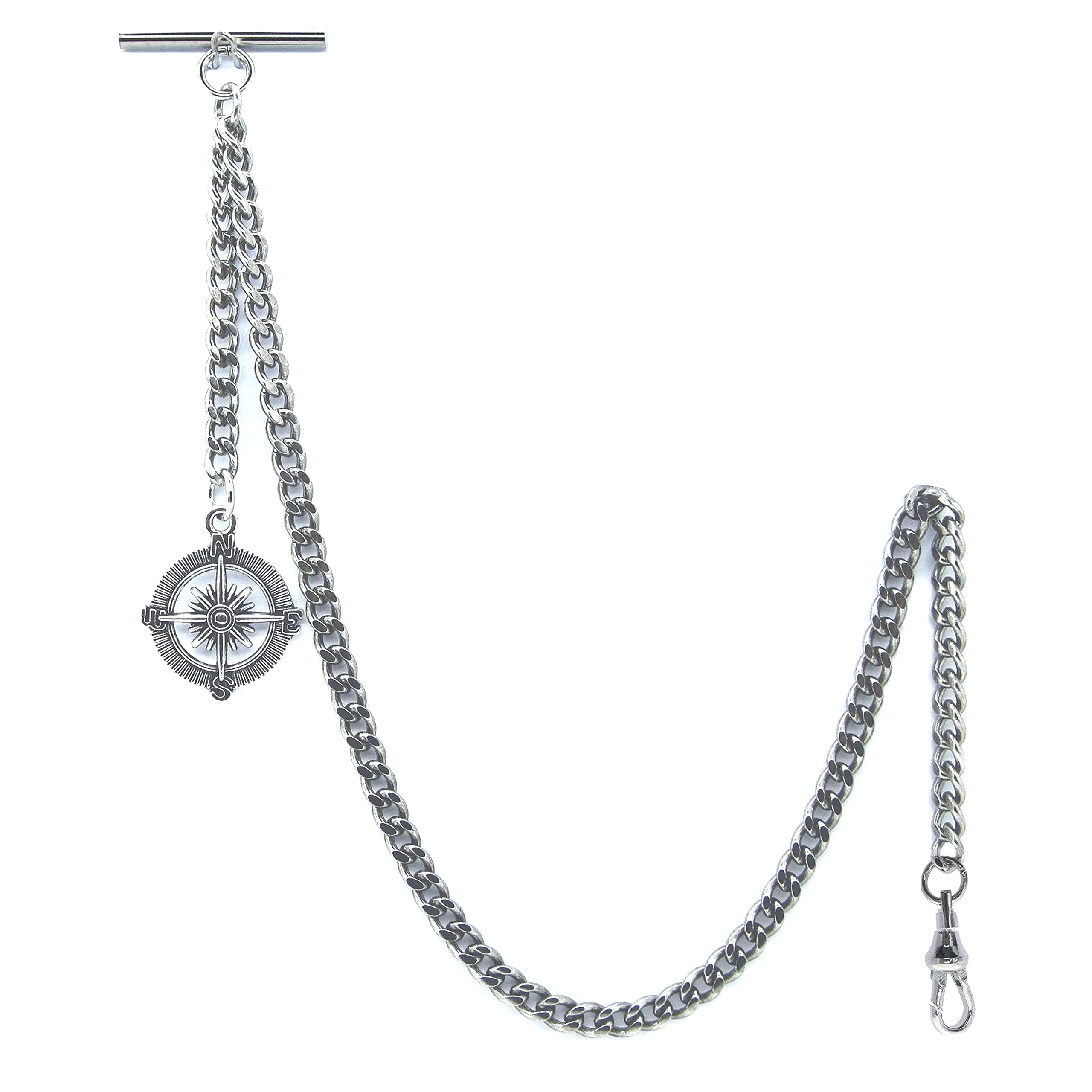 watchvshop Albert Chain Silver Tone Pocket Watch Chain Vest Chain for Men Compass Design Charm Fob T Bar with Swivel Clasp AC55A