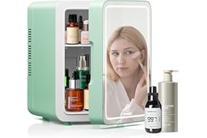 Arcmira Mini Skincare Fridge With Dimmable LED Light Mirror, 4L Portable Makeup Fridge Cooler and Warmer for Bedroom, Car, Office, Small Refrigerator AC/DC Powered for Cosmetics and Food, Green