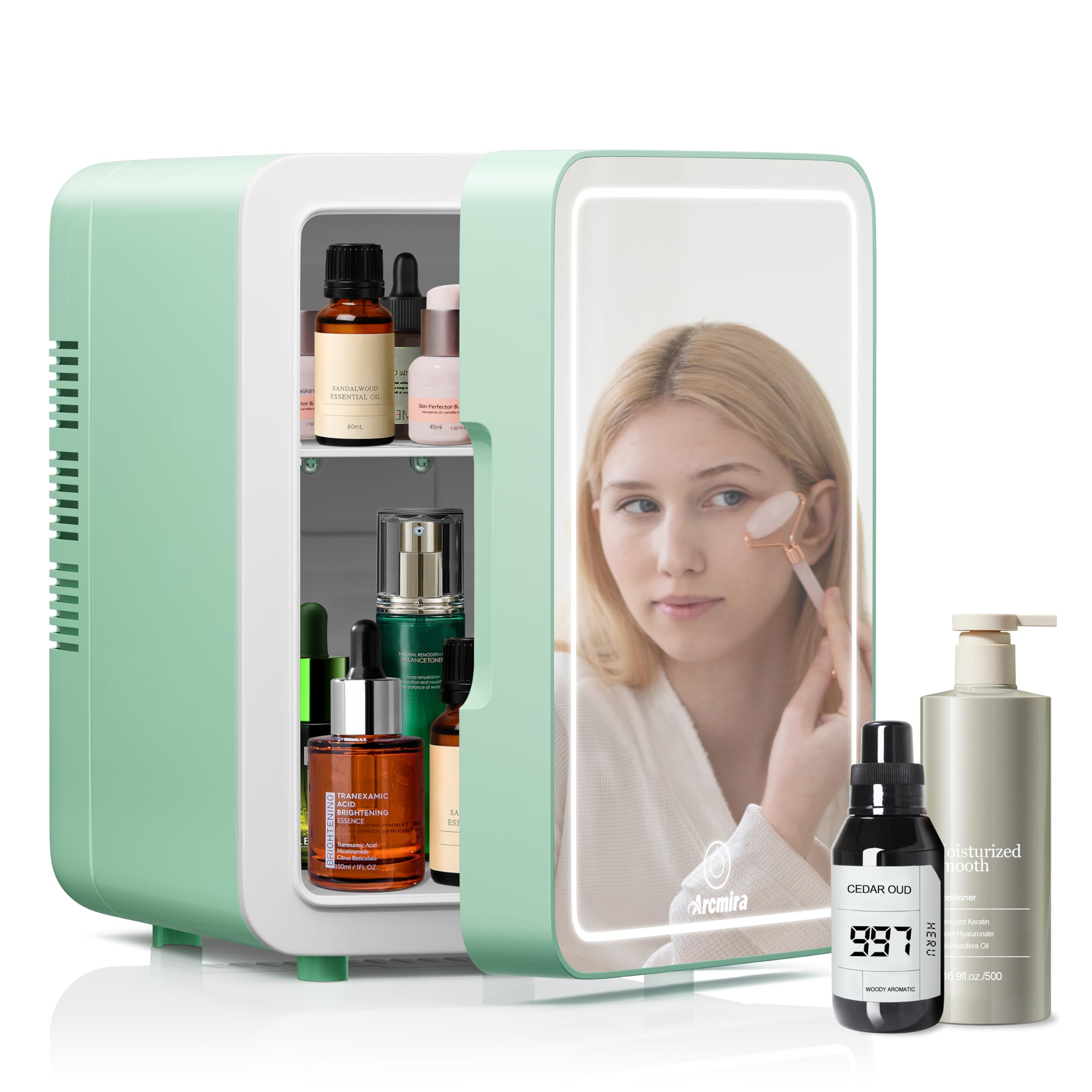 Arcmira Mini Skincare Fridge With Dimmable LED Light Mirror, 4L Makeup Fridge Cooler and Warmer for Bedroom, Car, Office, Portable Small Refrigerator AC/DC Powered for Cosmetics and Food, Green