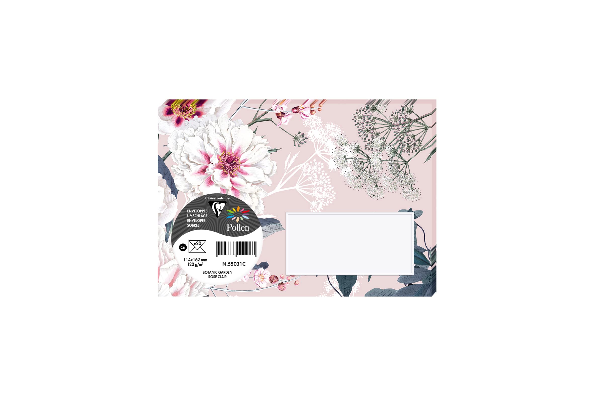 Clairefontaine 55031C Botanic Garden Theme Set of 20 Gummed Printed Envelopes C6 11,4x16,2cm 120g Light Pink Colour Event & Correspondence Invitations Pollen Range