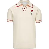 OXKNIT Men's Knit Vintage Polo Shirts Short-Sleeve Casual V Neck Shirt with Embroidered Rose for Sport Work
