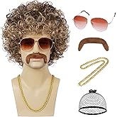 Wallden Hair 70s 80s Mens Disco Wig with Mustache Glasses Golden Chain Wig Cap Short Afro Curly Wigs For 60s Retro Disco Outfit Men Party Hippies Rocker Cosplay Costume Halloween(Blonde Mix Brown)