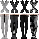 Gvhntk 4 Sets Womens Striped Knee Knit High Socks Long Fingerless Arm Warmer Gloves Halloween Christmas Costume Accossaries
