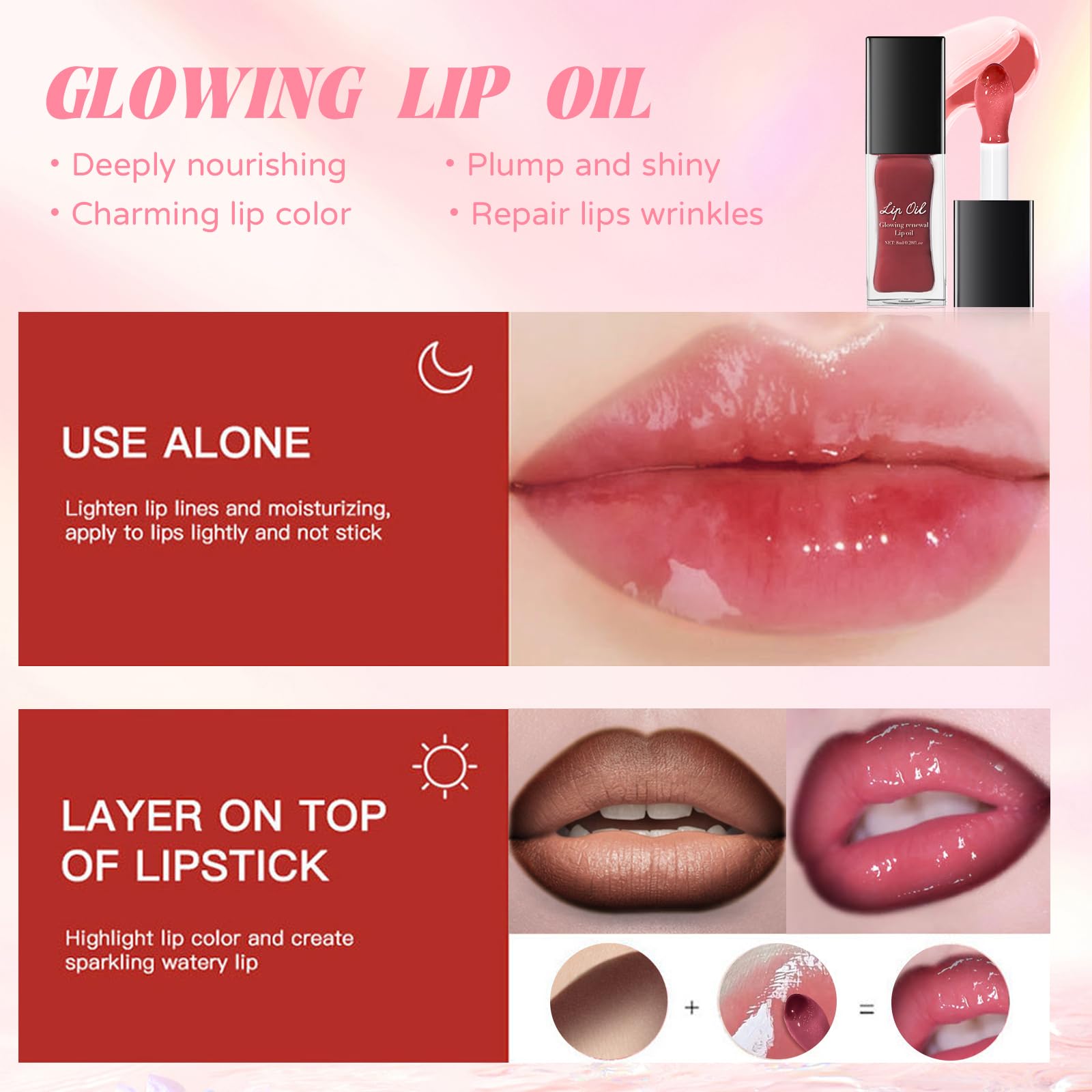 HOSAILY Nourishing Glowing Lip Oil with 2 in 1 Ombre Lip Liner Lipstick Set, Moisturizing High Shine Renewal Lip Gloss for Women, Smooth Long Wear Plumping Rose Pink Lip Tint Lip Crayon Combo Makeup