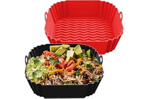 FROVEN 8 Inch Silicone Air Fryer Liners Square (2 Pack) Red & Black Reusable Non-Stick Inserts with Handles for Mess-Free Cooking & Heat Resistance – Compatible with Ninja COSORI Instant Vortex & More