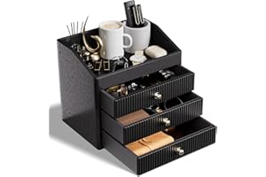 LADSTAG Desk Organizers and Accessories,Black Vegan Leather Desktop Organizer with 3 Drawers & Tray for Bedroom,Bathroom,Lipstick,Nail Polish,Skincare,Perfume,Jewelry Box