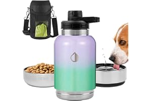 HEMLI Dog Water Bottle Insulated Dog Travel Water Bottle Stainless Steel Pet Water Bottle Dispenser Portable Food and Water Bowl for Dogs with Carrying Case for Dog Walking (Purple Green Glitter, 32 oz)