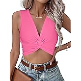 Vrtige Women's V Neck Twist Front Ribbed Knit Sleeveless Sexy Crop Top Cami Tank