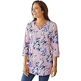 Woman Within Plus Size Perfect Printed Three-Quarter Sleeve V-Neck Tee