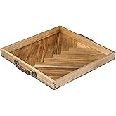 MyGift 18-Inch Herringbone Solid Acacia Wood Serving Tray – Square Ottoman Tray with PU Leather Handles, Rustic Coffee Table or Breakfast Display Tray