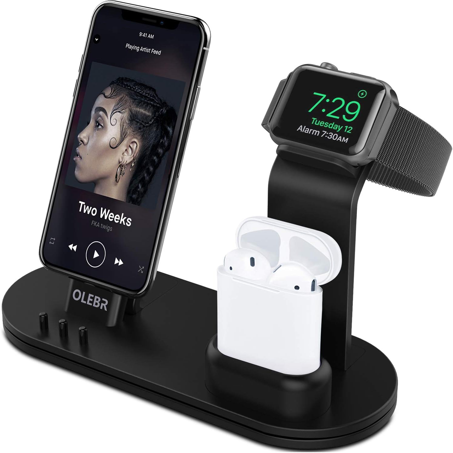 OLEBR Charging Stand for Original Cable Compatible with AirPods 2/1, iWatch Series 6/SE/5/4/3/2/1,iPhone/11/Xs/X Max/XR/X/8/8Plus/7/7 Plus /6S /6S Plus-Black