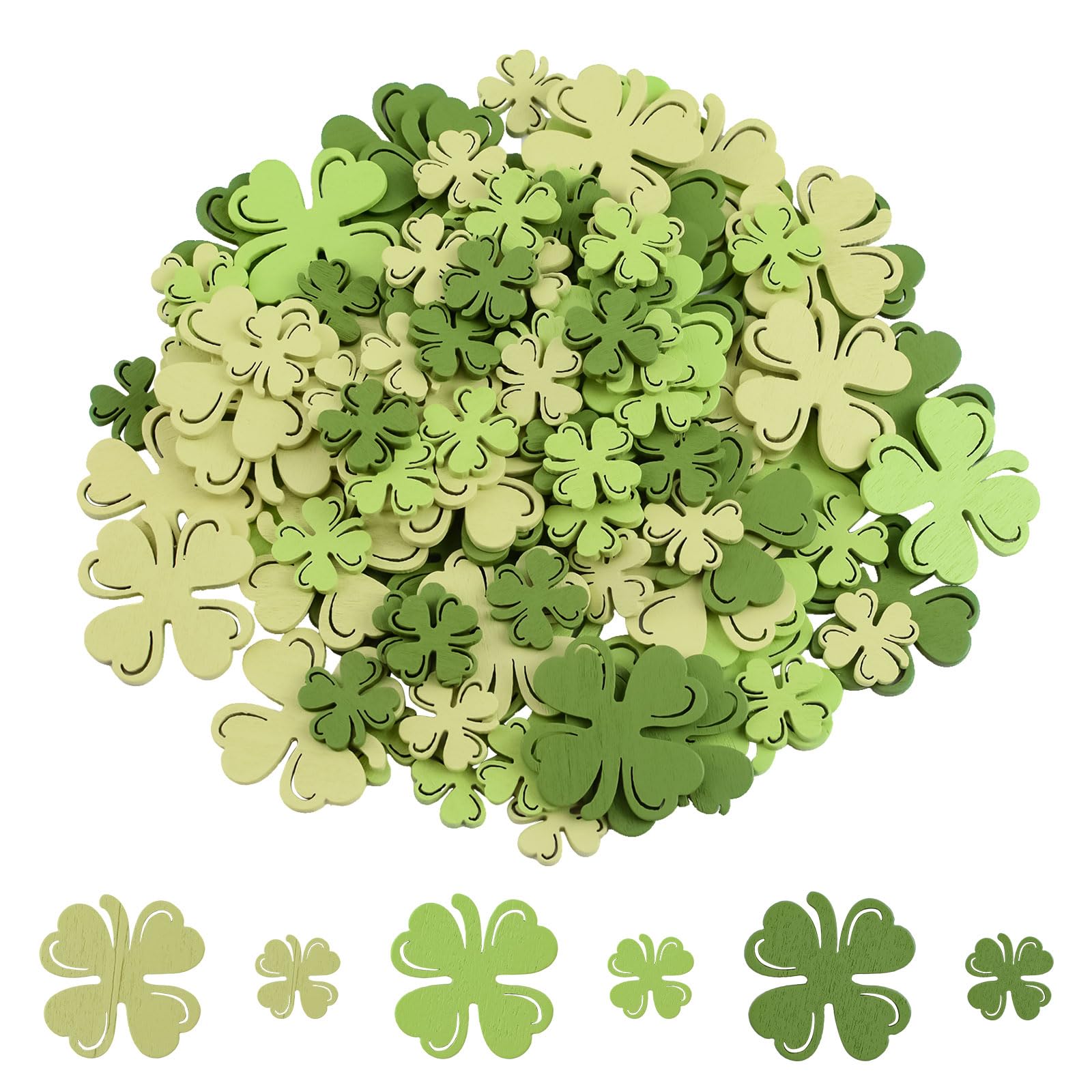 WANDIC 100 PCS St Patrick's Day Natural Wooden Craft, Green Four-leaf Clover Wood Slices Ornamental Decor Two Sizes for DIY Pendant Crafting Wall Decorations​