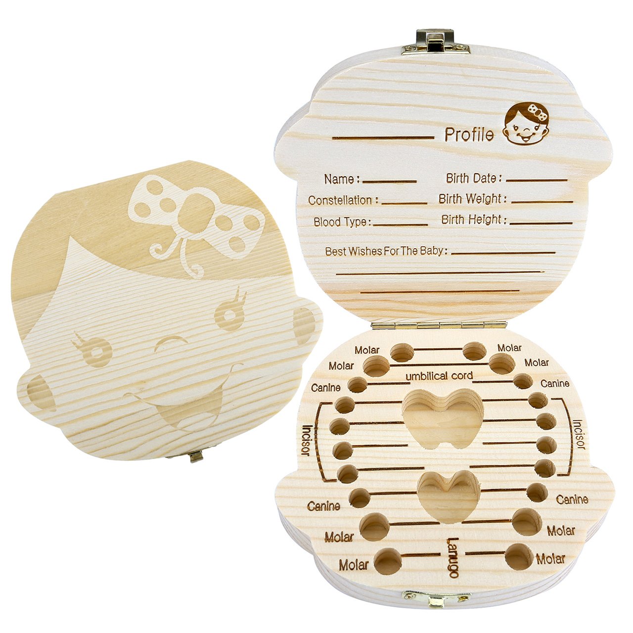 Baby Teeth Box, Yoption Child Milk Teeth Save Wooden Keepsake Souvenir Box, Customize Personalized Baby Tooth Box for Kids Boy&Girl (English, Girl)