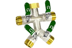 TSGOHNL Heavy Duty Brass Garden Hose Splitter, Freeze and Sun Resistant Outdoor Faucet 4-Way Valve, Nickel Plated for Rust Resistance, 3/4” GHT (green)