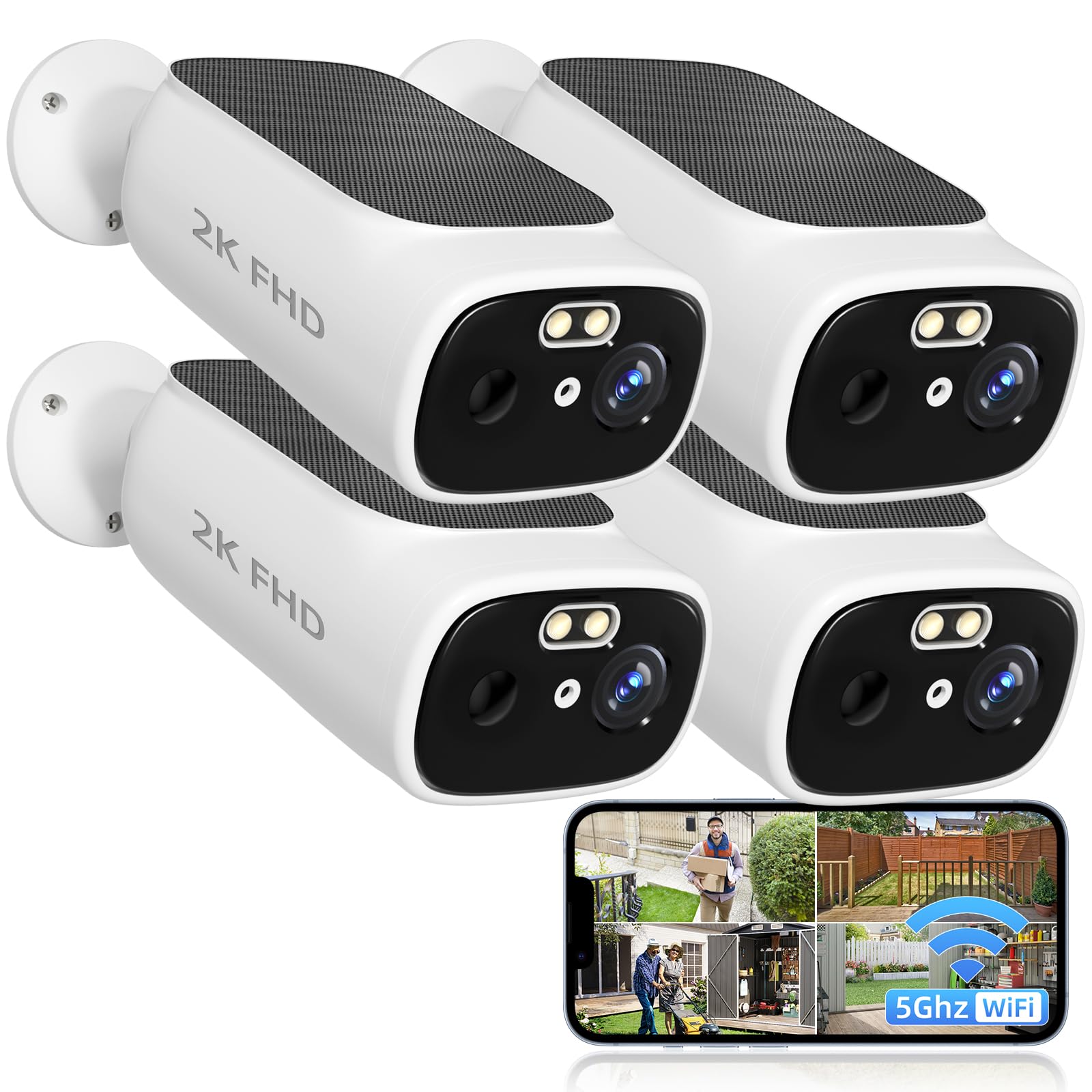 Photo 1 of 2K Solar Camera Outdoor Wireless, 5/2.4Ghz WiFi Cameras for Home Security, AI Motion Detection, Color Night Vision, Two-Way Audio, Waterproof, Work with Alexa/Google Home, No Monthly Fee(4 Camera)