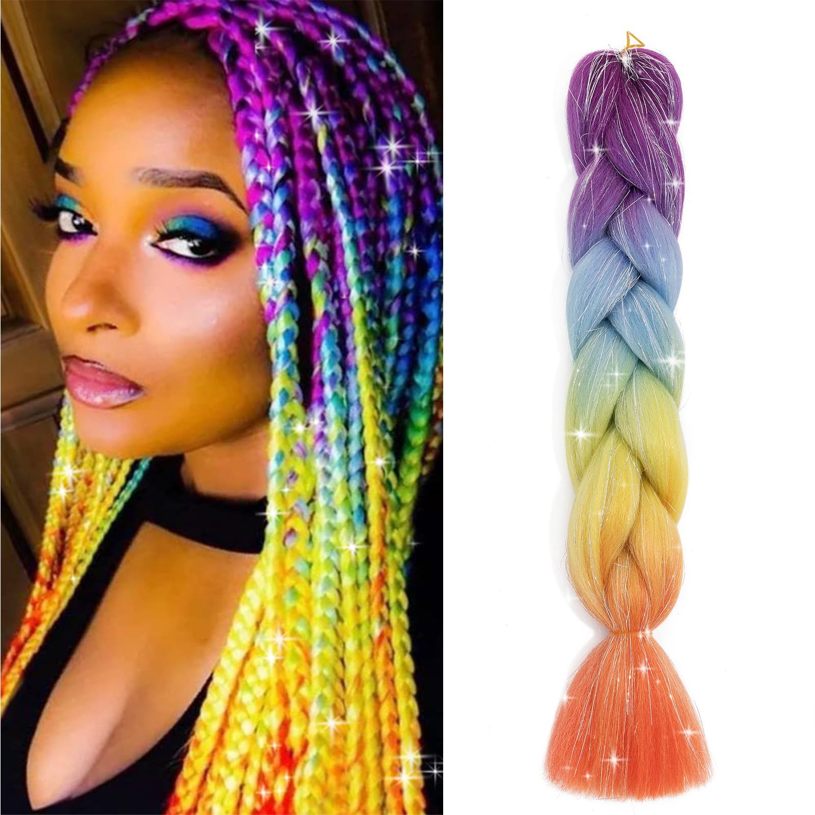 Ombre Jumbo Braiding Hair Colorful Tinsel Hair Extension 24 Inch 1PC Synthetic Braids Rainbow Hair for Girls Women,Glitter Fake Hair for Festival Rave,Purple to Blue to Yellow to Orange Glitter