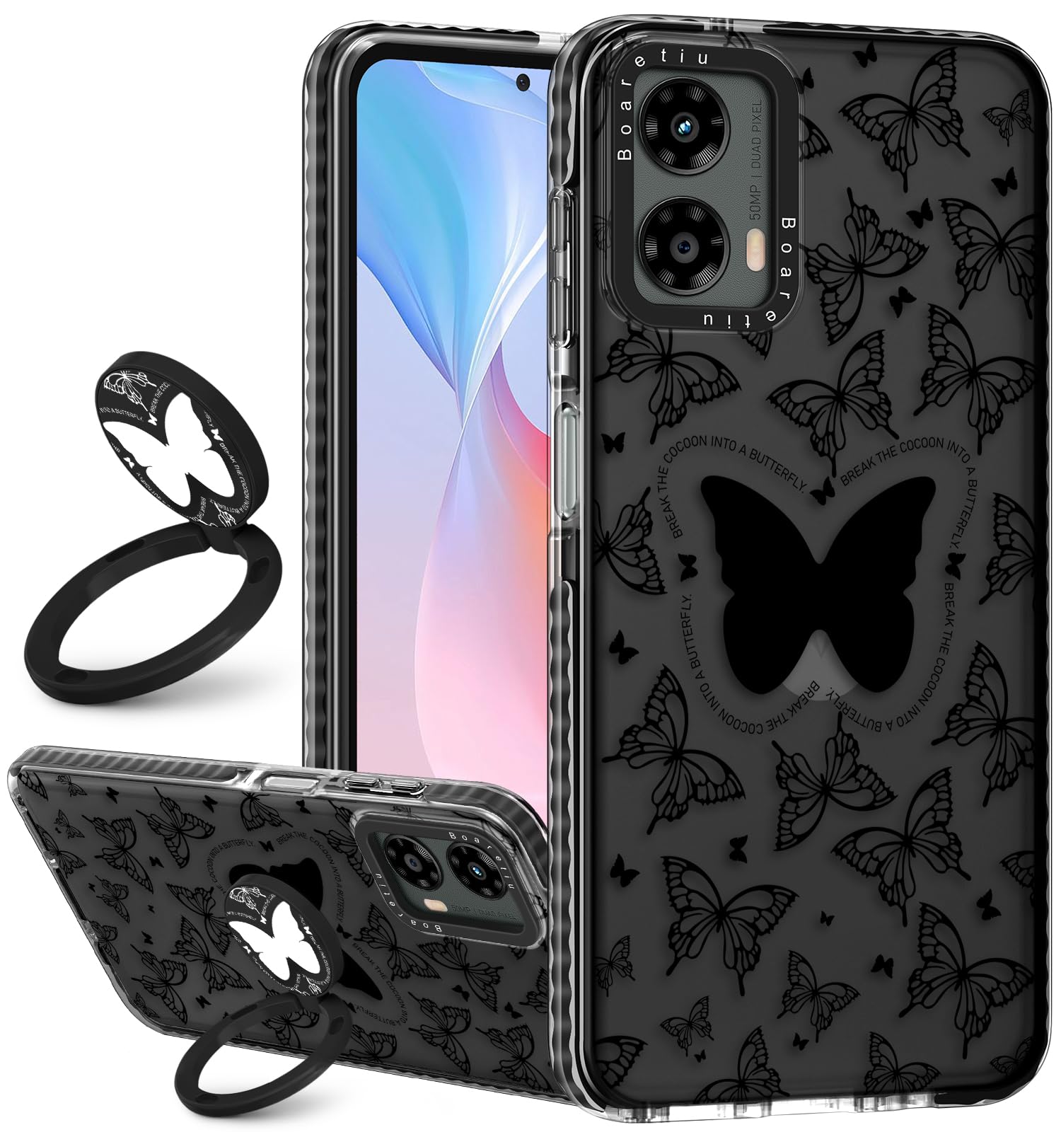 Photo 1 of Boaretiu Cute Kawaii Case for Motorola Moto G 5G 2024 with Stand - Fashion Cool 360° Rotate Ring Holder Kickstand Design for Women Girls Boys Teens Girly Case for Moto G 5G, Black Butterfly