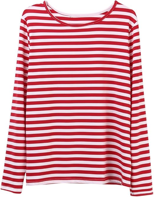 Faithtur Women Red White Striped Long Sleeve Casual Crewneck Tops