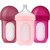 Boon Nursh Bottles - Silicone Baby Bottles Help Ease Colic Symptoms - Reusable Food-Grade Silicone Pouches with Polypropylene Shell - Medium Flow - 8 Oz - Pink