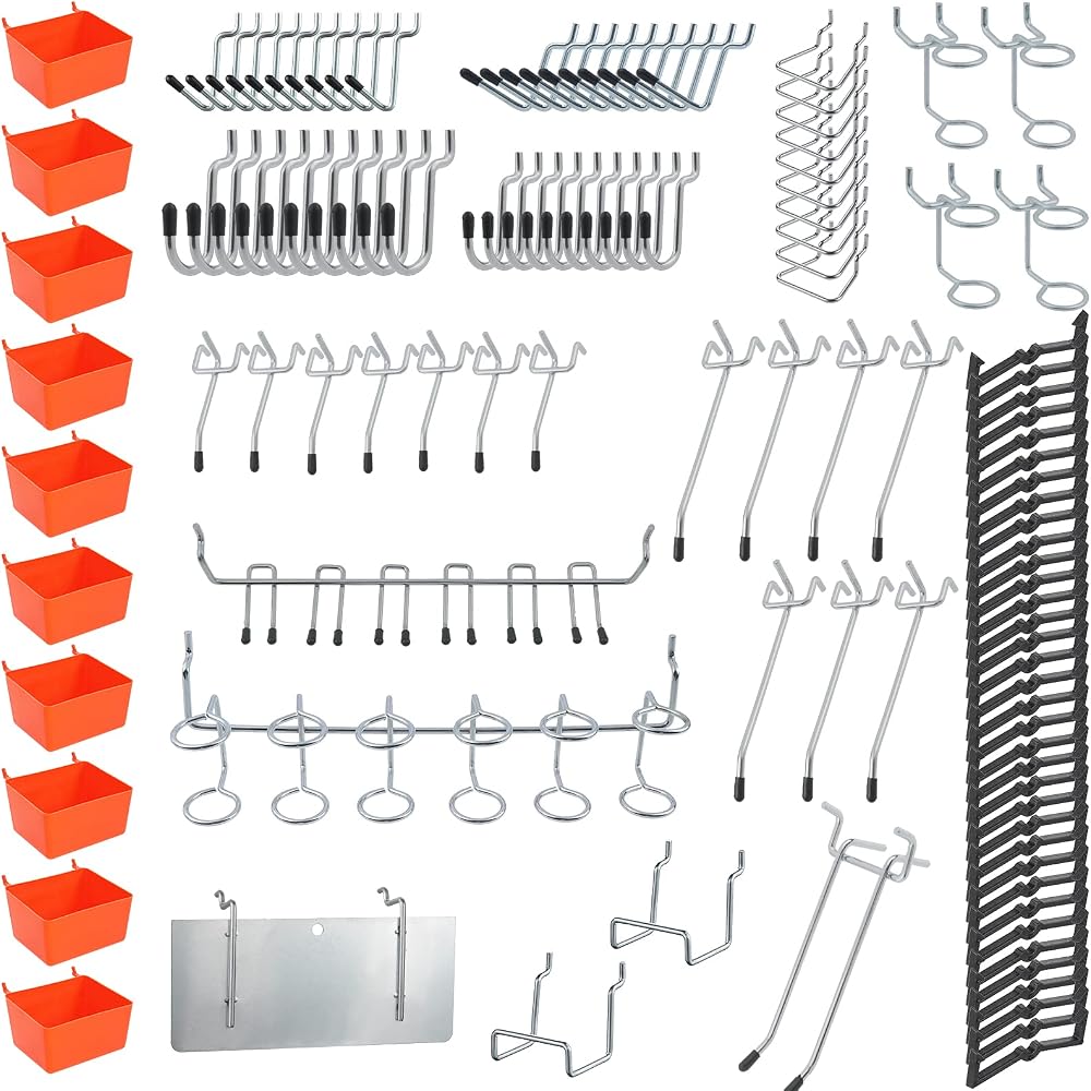 Knpwer 144Pcs Pegboard Hooks Assortment w/ Bins & Locks for Tool Garage Kitchen