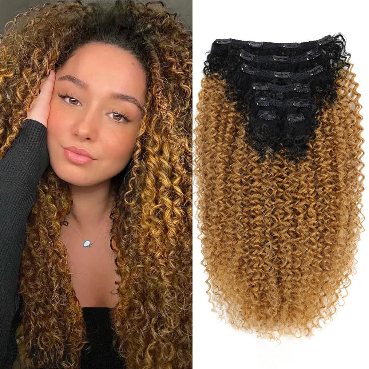 Photo 1 of Curly Clip in Hair Extensions Clips in-Human Hair Feelings Ombre Honey Blonde Curly Hair Extensions for Black Women Jerry Hair Extensions curly hair clip in extensions(T1B/27,5.11OZ)