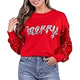 Yiulangde Women Christmas Sequin Oversized Sweatshirt Cute Funny Bow Graphic Pullover Long Sleeve Crewneck Xmas Shirt Top