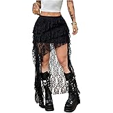 BEAUDRM Women's Floral Lace Long Skirt Ruffle Layered Tiered A Line Boho Flowy Skirt