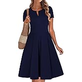 Womens Summer Short Sleeve V Neck Knee Length Fit and Flare A Line Vintage Business Casual Work Dresses with Pockets