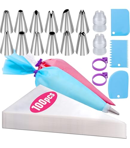 Lot de 110 poches à douille jetables de 30,5 cm avec 1 poche à douille, 2 coupleurs, 12 douilles de glaçage, 2 bouchons de sac, 3 grattoirs à gâteau