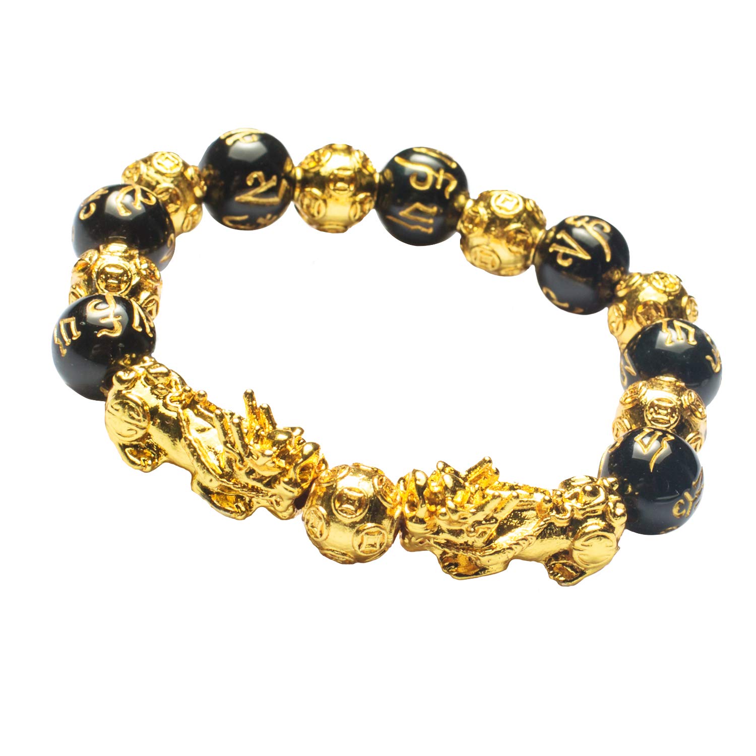 Homelavie Feng Shui 12mm Black Obsidian Bead Bracelet with Double Golden Pi Xiu/Pi Yao and Copper Coins Bead Lucky Wealthy Amulet Brecelet (Mantra Bead)