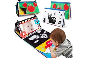 beetoy Tummy Time Mirror Toys, High Contrast Sensory Toys for Babies Activity Montessori Newborn Toys with Crinkle Cloth Book & Teether for Baby Toys 0 3 6 Months