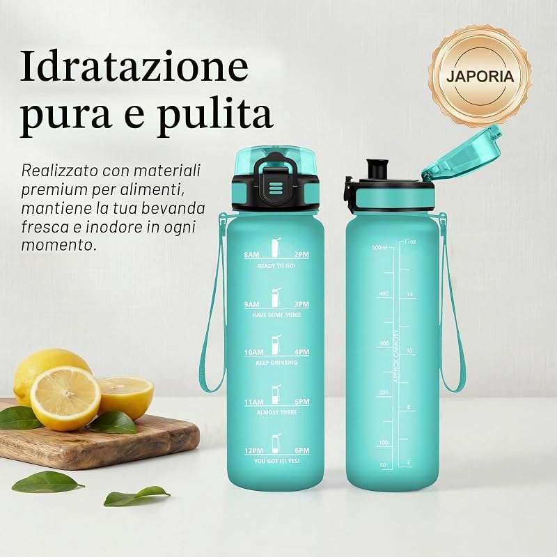 Borraccia 500ml, Bottiglia con Filtro, a Prova di Perdite, Bottiglia Acqua con Indicatore del Tempo, per Campeggio, Viaggio, Corsa