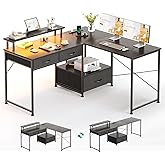 MUTUN 50.4" L Shaped Desk with Power Outlet & LED Light, Computer Desk with Drawers and Printer Stand, Gaming Desk, Home Offi