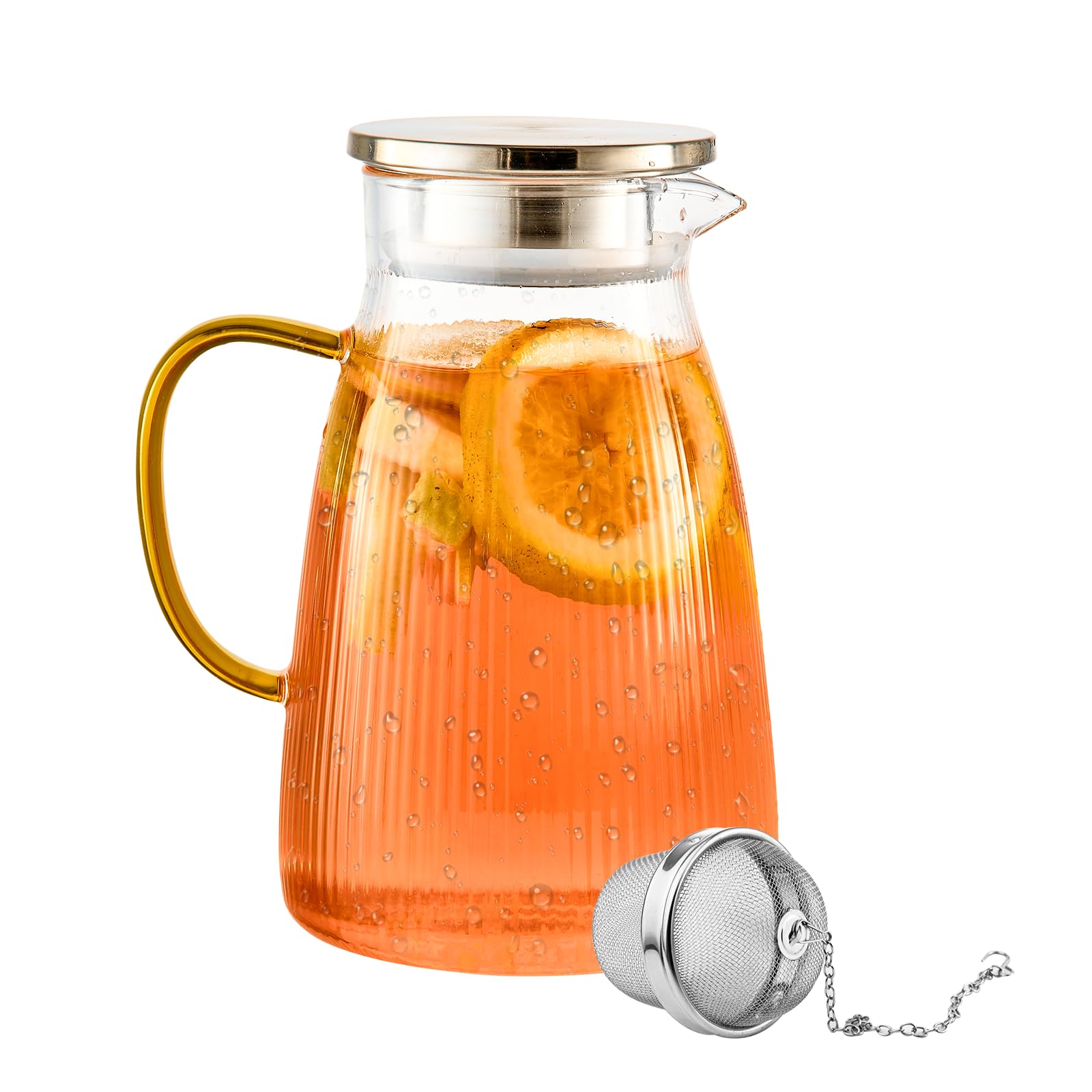GLASKEY Glass Jug with Lid, 1.6L Easy Clean Heat Resistant Borosilicate Ice Tea Pitcher with Stainless Steel Spout Tea Strainer,Glass Water Jug for Juice,Sangria,Milk…