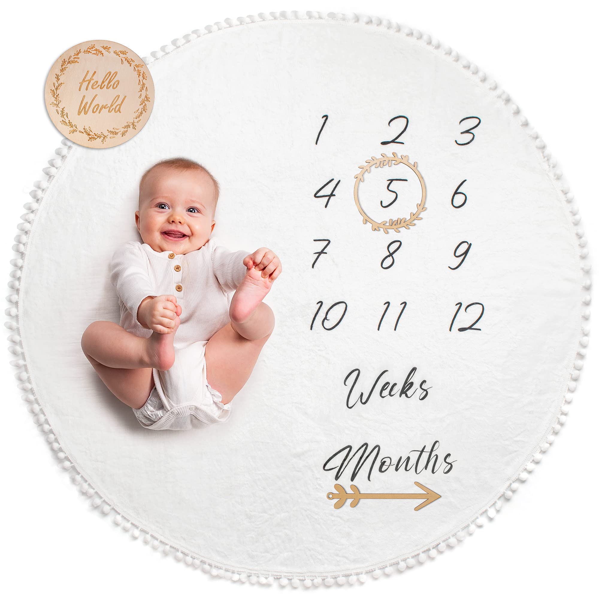 Baby Milestone Blanket | Round Monthly Photo Mat for Boy or Girl, Unisex | Gender Neutral | Personalised Baby Shower Present for New Mums | Age Mat | Newborn Milestone Blanket | Includes Wooden Frames