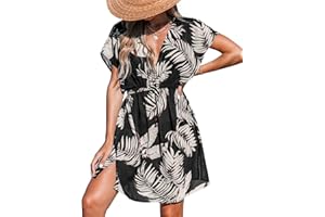 CUPSHE Women's Swimsuit Coverup Casual V Neck Beach Dress Short Sleeve Elastic Waist Swimwear Cover Ups 2025 Beachwear