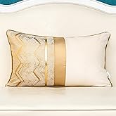 Alerfa 12 x 20 Inch Khaki White Geometric Striped Gold Leather Patchwork Velvet Cushion Case Luxury Modern Lumbar Throw Pillow Cover Decorative Pillow for Couch Sofa Living Room Bedroom Car