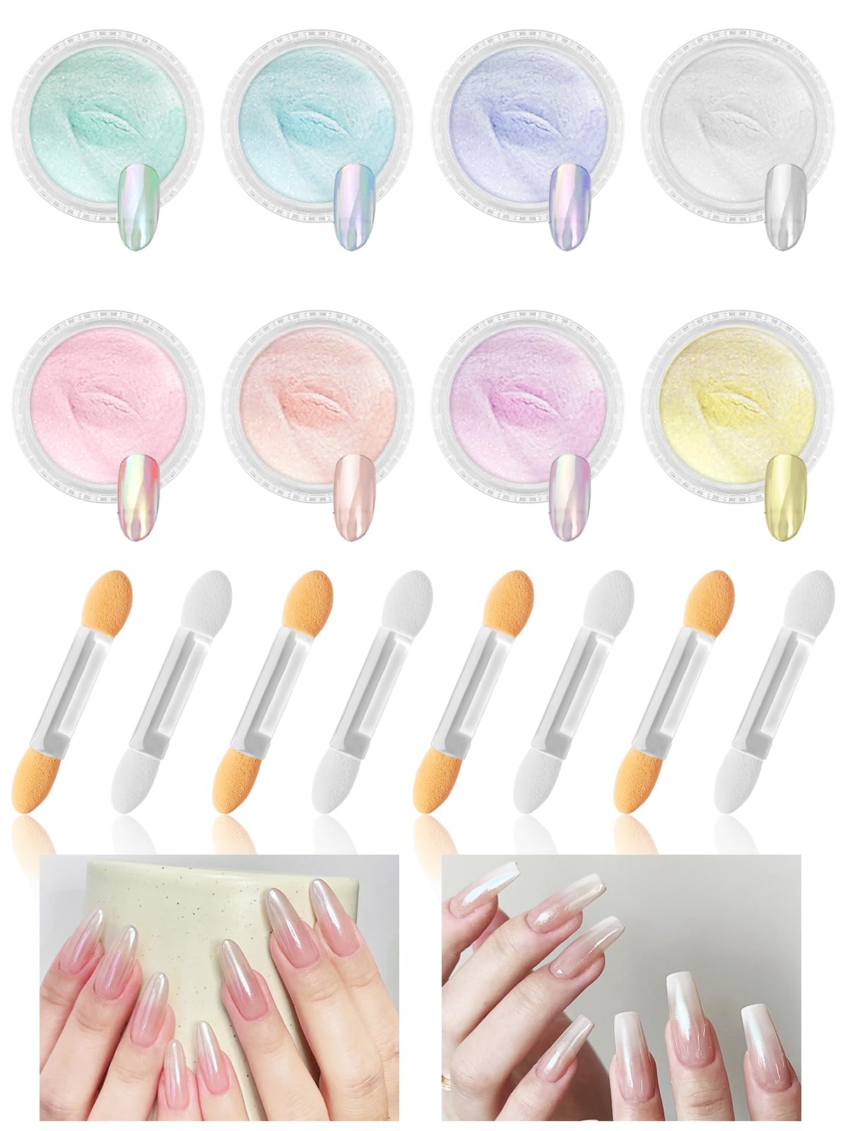 Ysimple 8 Boxes Pearl Chrome Nail Powder, Nail Chrome Powders Set With 8 Brushes, Multicoloured Glazed Donut Nail Powder, Mirror Effect Glitter Chrome Powder Pigment For Nail Art Design, DIY Salon