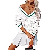 Aoudery Womens V Neck Oversized Sweaters Long Sleeve Cable Knit Pullover Striped Chunky Sweater Casual Tennis Tunic Tops