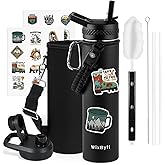 WixByti 24 oz Insulated Water Bottle with Straw (Cold for 48 Hrs), Stainless Steel Triple Wall Vacuum Sports Water Jug, Leakproof Hydro Cup Flask with Paracord Handle & Straw Spout Lids & DIY Stickers