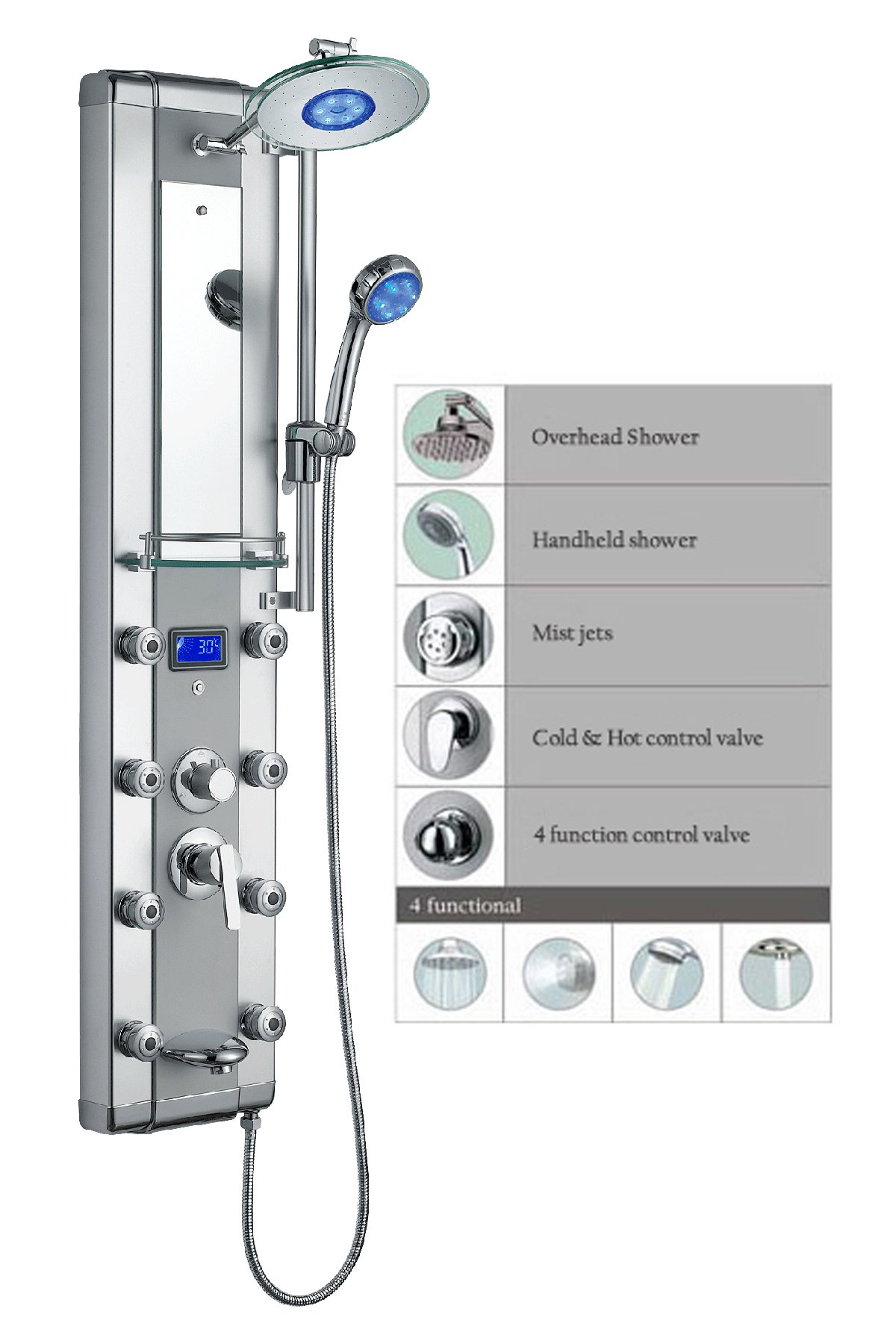 Blue Ocean 52” Aluminum SPA33D Shower Panel Tower with Rainfall Shower