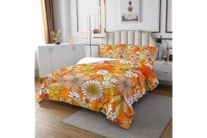 Erosebridal Boho Floral Bedspread Set King,Retro 1960S 1970S Groovy Flower Coverlet Set for Kid Boys Girls Teens,Orange Boho Hippie Quilt Set Botanical Blossom Quilted with 2 Pillowcases