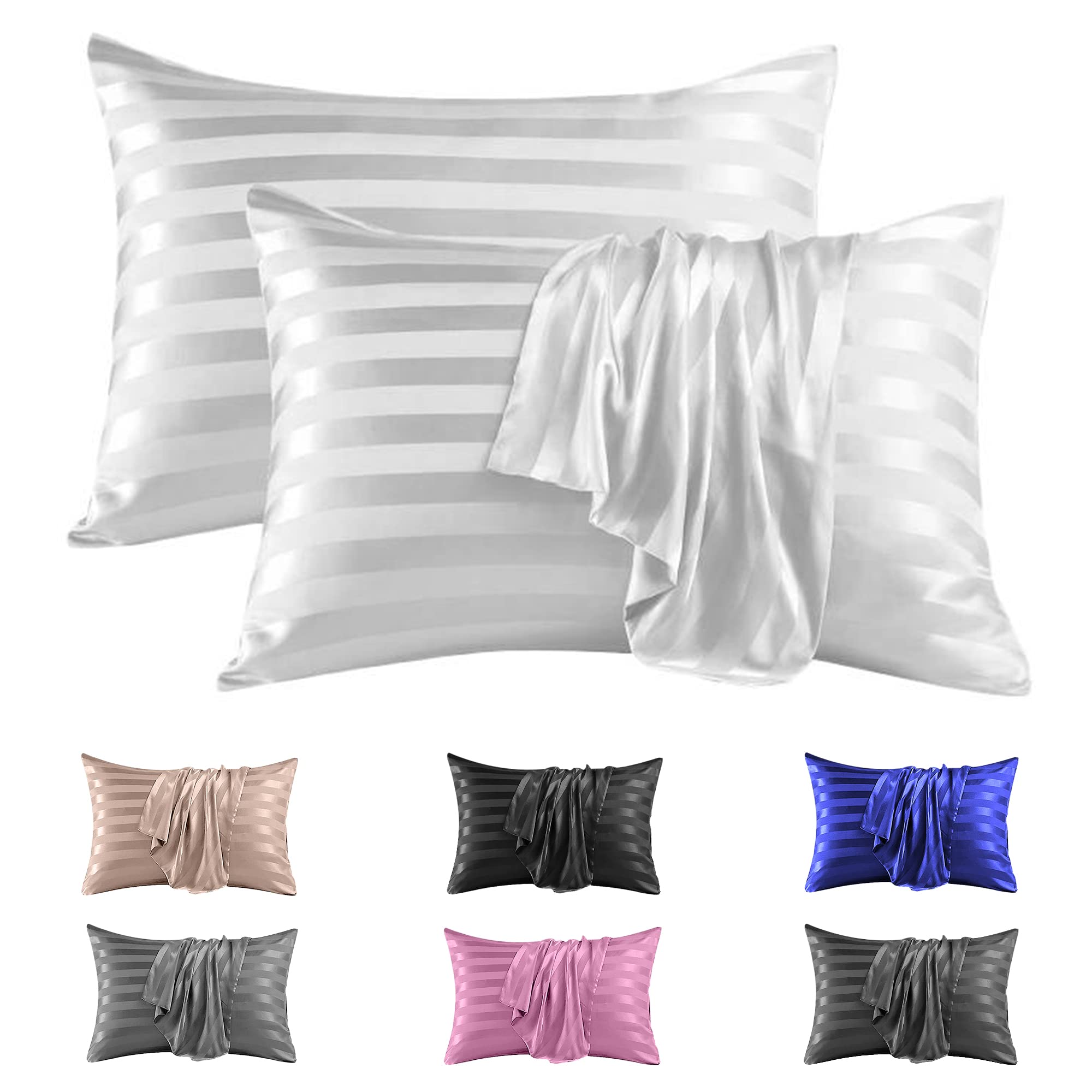 Silk Pillowcase Stripe Satin Pillowcase 2 Pack - Luxurious Satin Pillow Cases 50 x 75 cm for Hair and Skin Care, Envelop Enclosure Pillowcases Set (White 2 Pcs)