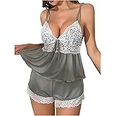 Milumia Women's 2 Piece Pajama Sets Floral Lace V Neck Peplum Cami Top Shorts Pj Sets