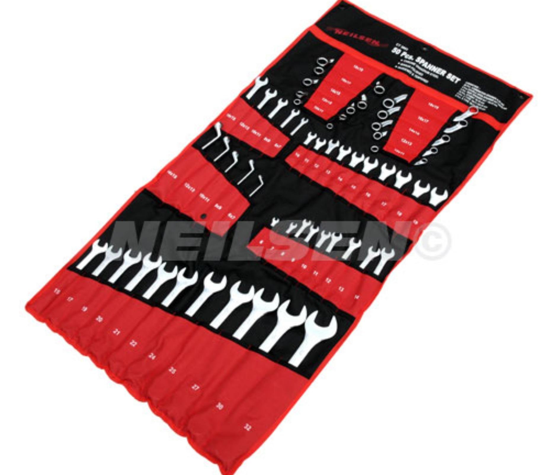 Neilsen CT3803 50pc Mixed Spanner Set - Sizes: 6-32mm | Combination, Open, End, Ring, Stubby, C Type, S Type | Chrome Vanadium | Supplied with Wall Drop Wallet