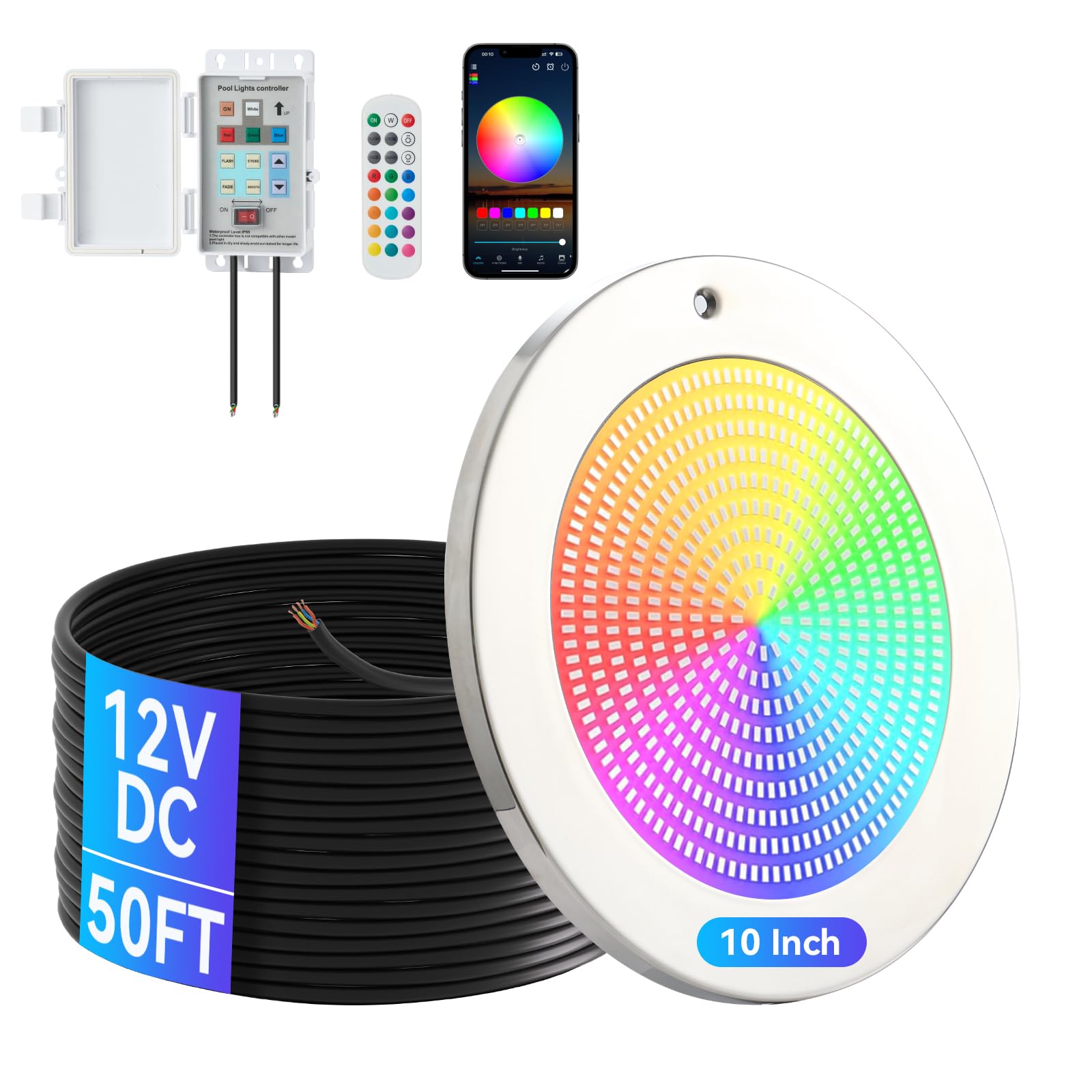 Photo 1 of SHASHKA Smart LED Pool Lights for Inground Pool, Wall Mounted, 54W 12V, 10 Inch, 50FT Cord, Remote & App Control, Underwater Swimming Pool Light Fixture for Large Wet Niches