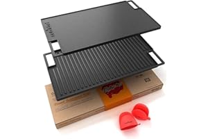 NutriChef Cast Iron Reversible Grill Plate – 18 Inch Flat & Ridged Skillet Griddle Pan, Fits Two Burners, for Gas, Electric, Ceramic Stovetops, with Silicone Oven Mitt