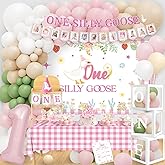 NANAGALI One Silly Goose Birthday Decor Girl, Pink Silly Goose Funny First Birthday Backdrop Balloons Arch Box High Chair Banner Bday Party Idea for Baby Girls