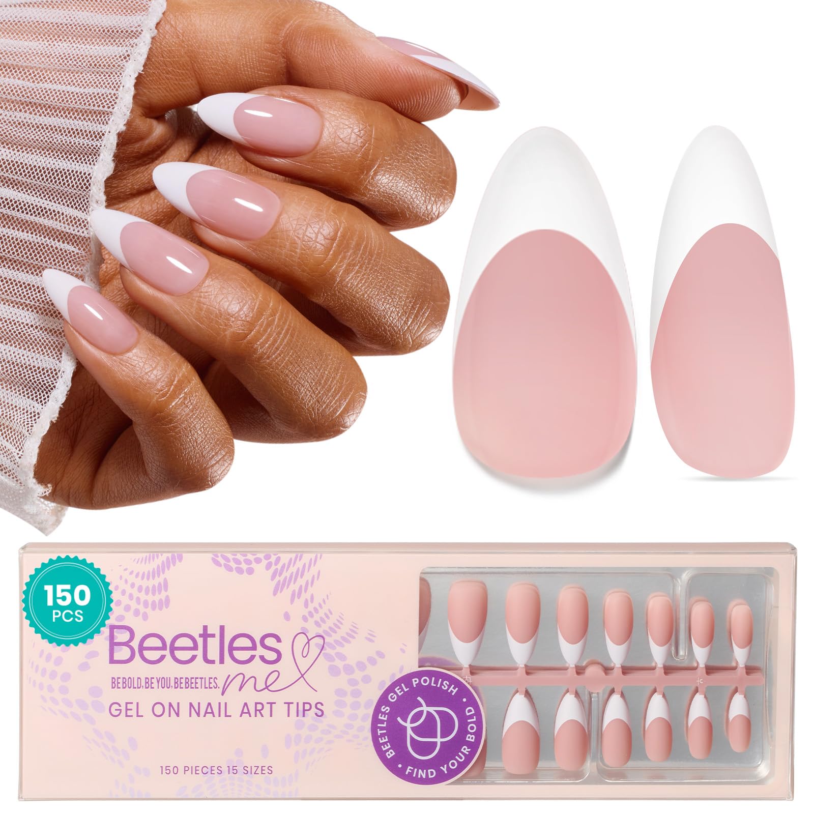 Photo 1 of Beetles Pre-French Tips Gel Nail Tips, 15 Sizes 150 Pcs French Tip Press on Nails Nude Pink Medium Almond Pre-applied Tip Primer & Base Coat No Need to File Fake Nails Valentines Gift for Women
