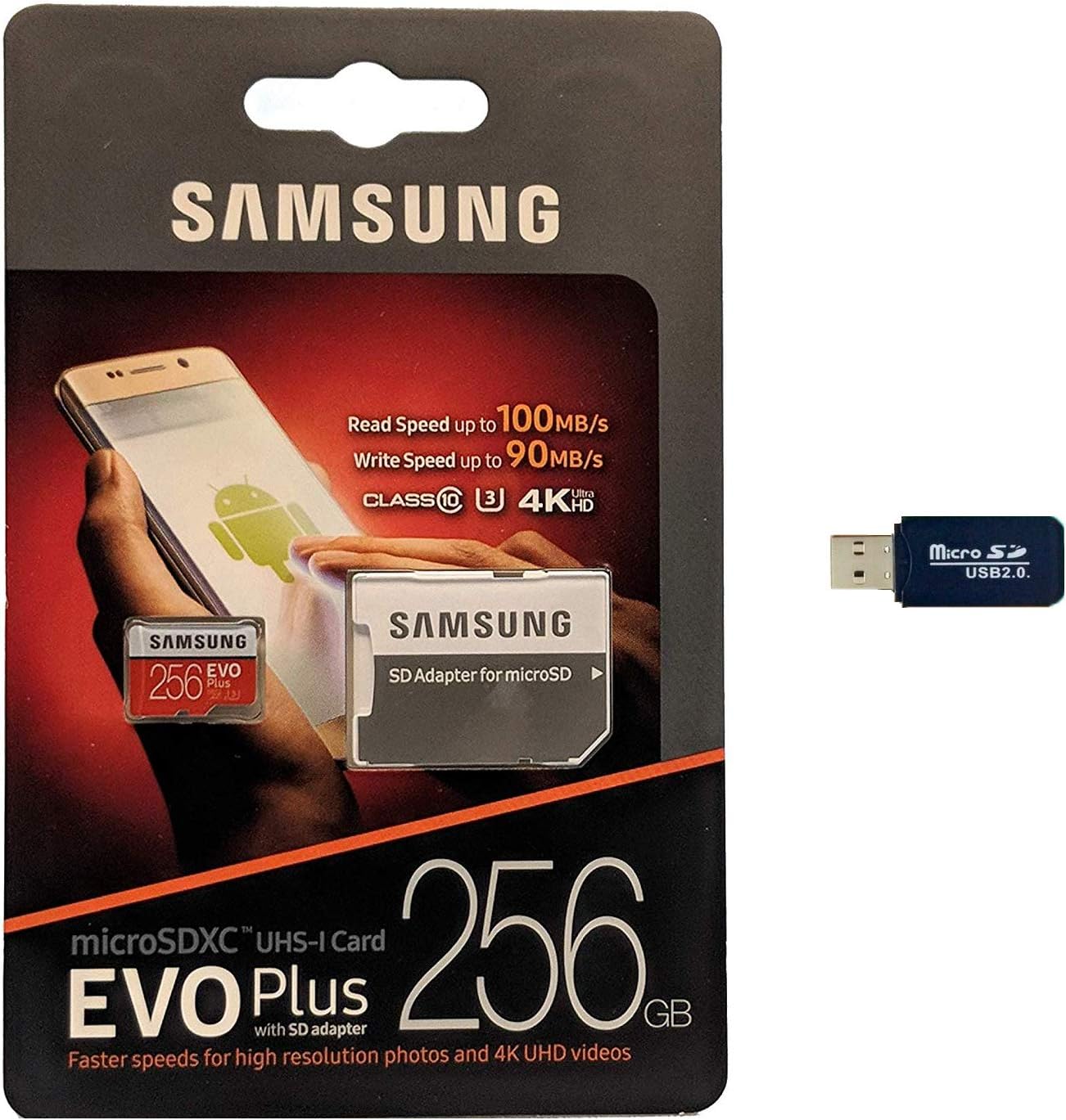 EN Sales x1 Samsung 256GB EVO Plus Class 10 Micro SDXC (MB-MC256GA) with Adapter Bundle with x1 Micro SD USB Card Reader Compatible with Samsung Note 10/10+/9/9+/MB-MC256GA